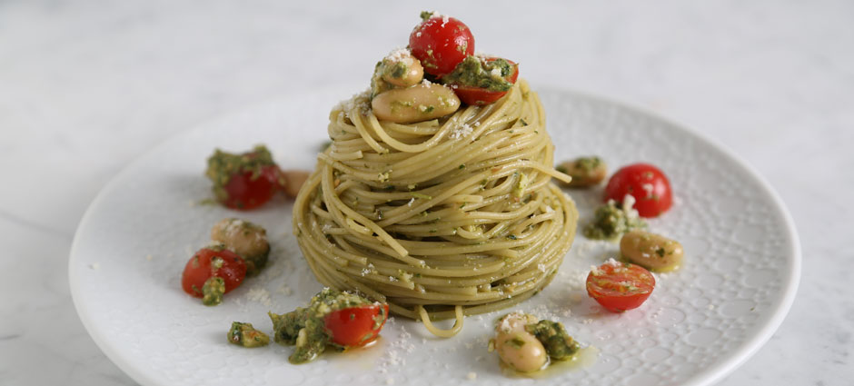 barilla angel hair with kale want pesto cannelloni beans and cherry tomatoes