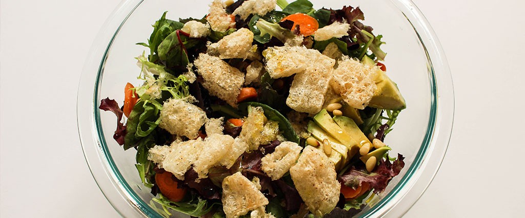 Organic Green Salad Topped with Chicharrone Croutons