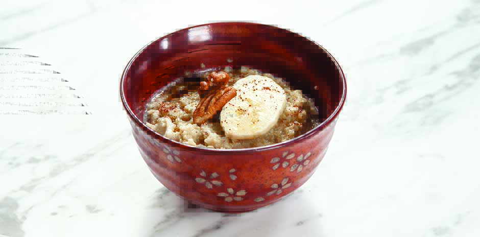 Quinoa Porridge with Ginger-Infused Maple Syrup, Banana and Pecans