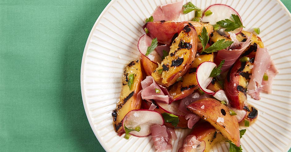 Grilled Peach Salad with Radishes, Prosciutto and Jalapeno Vinaigrette