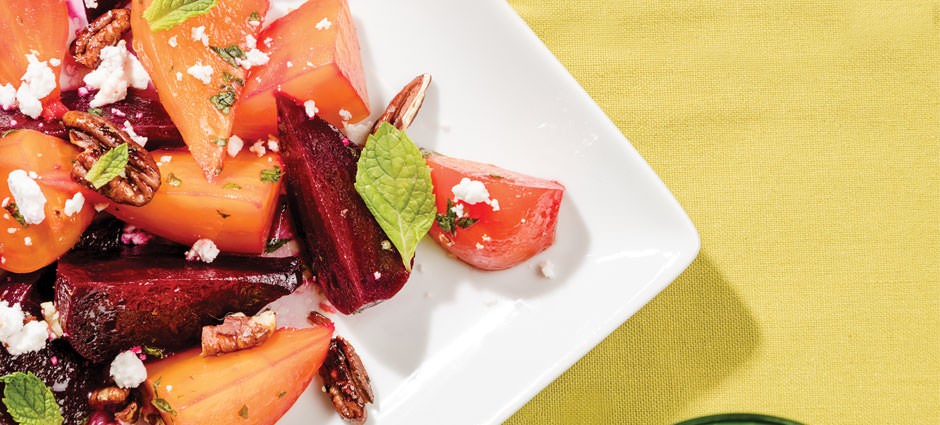 Beet Salad with Goat Cheese, Maple Pecans and Mint Vinaigrette