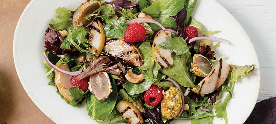 Grilled Pear Salad with Pistachio-Crusted Goat Cheese Grapes