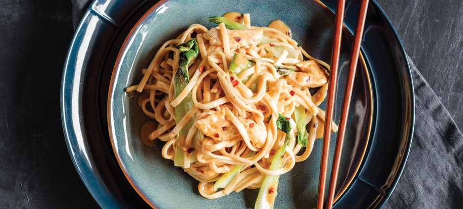 Udon Noodles with Chicken, Bok Choy and Almond Sauce