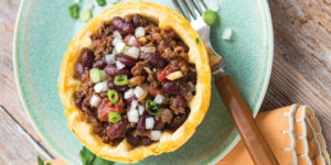 red bean chili with jalapeño cheddar waffle bowls
