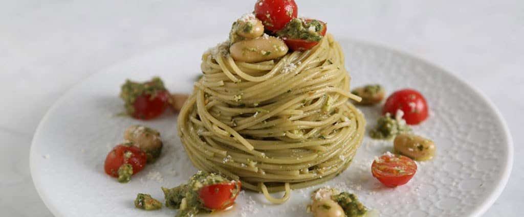 Angel Hair with Kale Walnut Pesto, Cannellini Beans and Cherry Tomatoes
