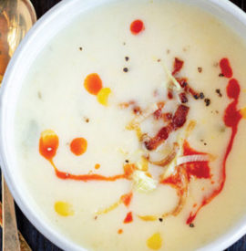 Potato, Leek and Corn Chowder with Oven-Fried Leeks and Bacon