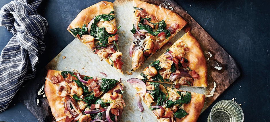 White Chicken Pizza with Wilted Spinach
