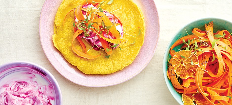 Chickpea Pancakes with Beet Raita and Carrot Cumin Salad