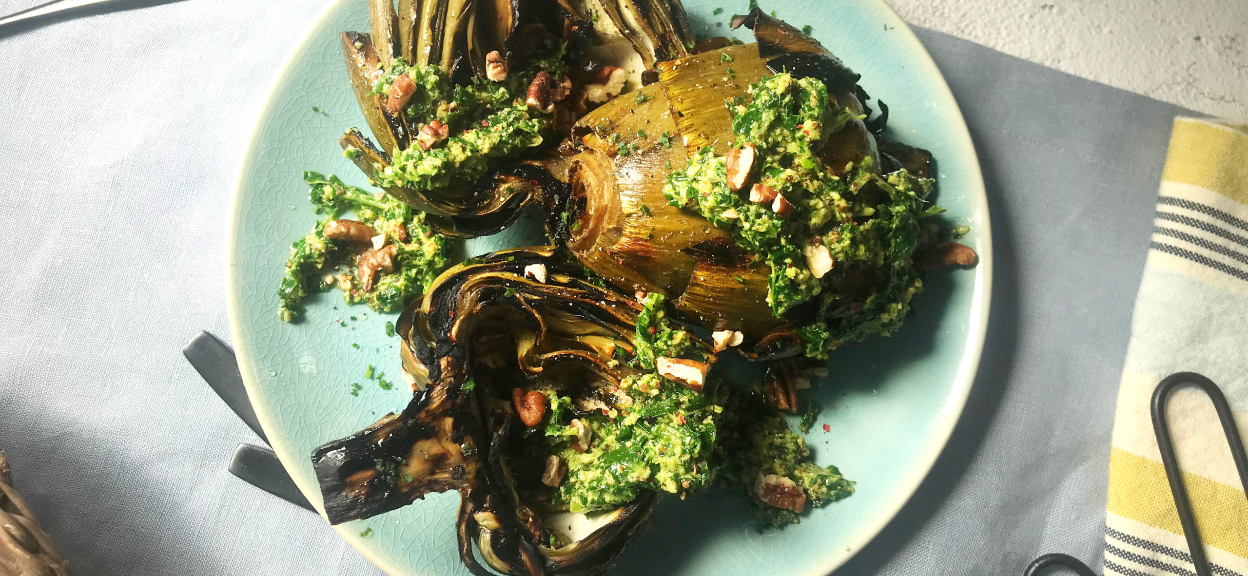 grilled artichokes with mustard green pesto