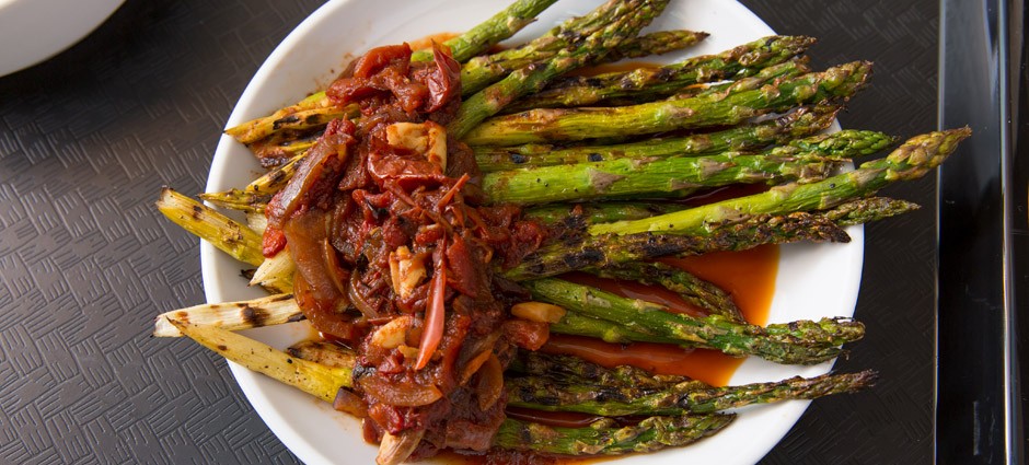 Grilled Lemon-Garlic Asparagus with Roasted Tomato Confit
