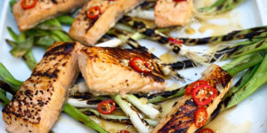Broiled Soy Honey Salmon with Charred Green Onions
