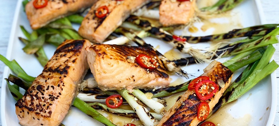 Broiled Soy Honey Salmon with Charred Green Onions