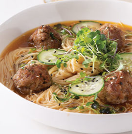 Spicy Noodles with Watercress and Ginger Pork Balls