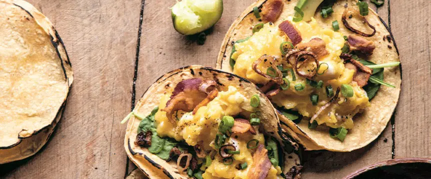 Avocado Breakfast Tacos with Crispy Shallots and Chipotle Salsa