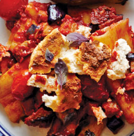 Pasta with Eggplant, Tomato Sauce, and Baked Ricotta