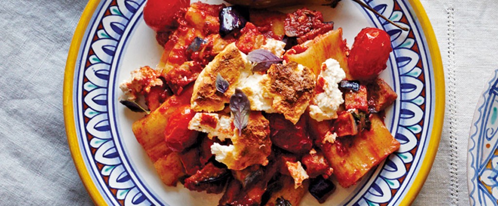 Pasta with Eggplant, Tomato Sauce, and Baked Ricotta