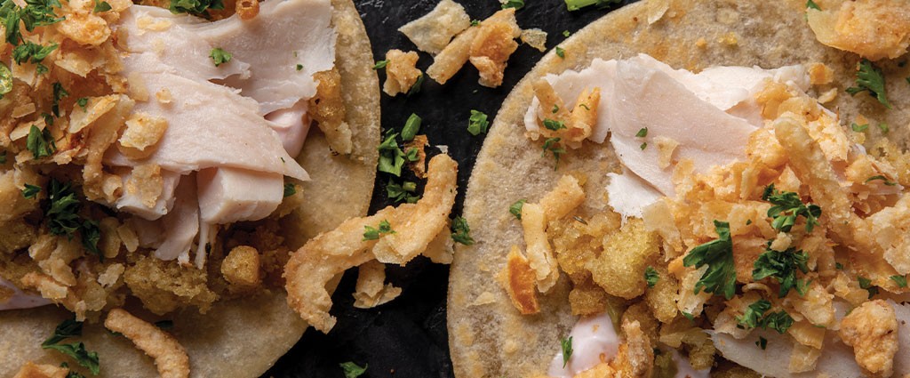 Turkey & Stuffing Tacos with Cranberry Sour Cream