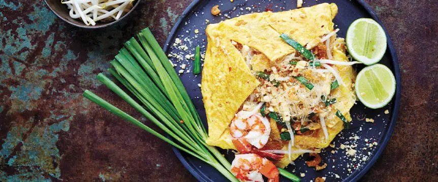 Egg-Wrapped Glass Noodle Pad Thai with Shrimp