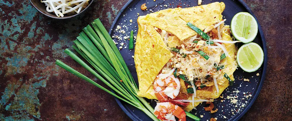 Egg-Wrapped Glass Noodle Pad Thai with Shrimp