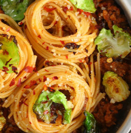 Thin Spaghetti with Spicy Sausage & Brussels Sprouts Sauce