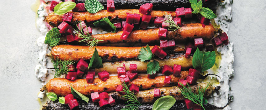 Grilled Carrots with Herby Coconut Yogurt and Spicy Beet Vinaigrette