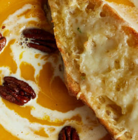 Sweet Potato Potage + Spicy Maple Pecans & Toasted Cheese Baguettes