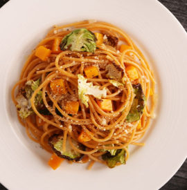 Chickpea Spaghetti with Butternut Squash, Brussels Sprouts and Sage