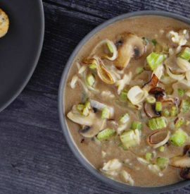Orzo Soup with Domestic Mushrooms, Parmigiano Cheese and Leeks