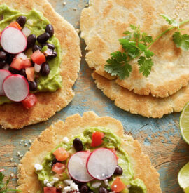 Almond Flour Arepas with Black Beans, Guacamole and Radishes