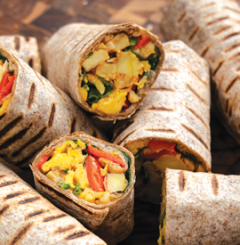 Freeze-Ahead Breakfast Wraps with  Sweet Potato, Red Pepper, and Spinach