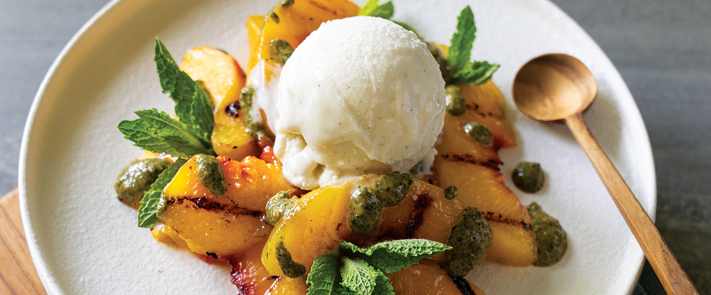 Sweet Mint Pesto with Grilled Peaches